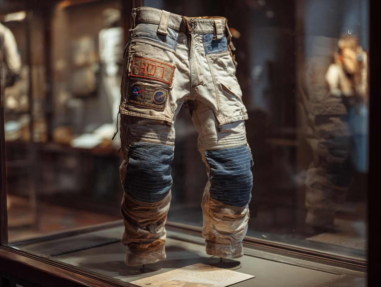 Rear view of heavily patched trousers with blue ribbed knee panels and cargo pockets in a warmly lit glass case (IPM-0203)