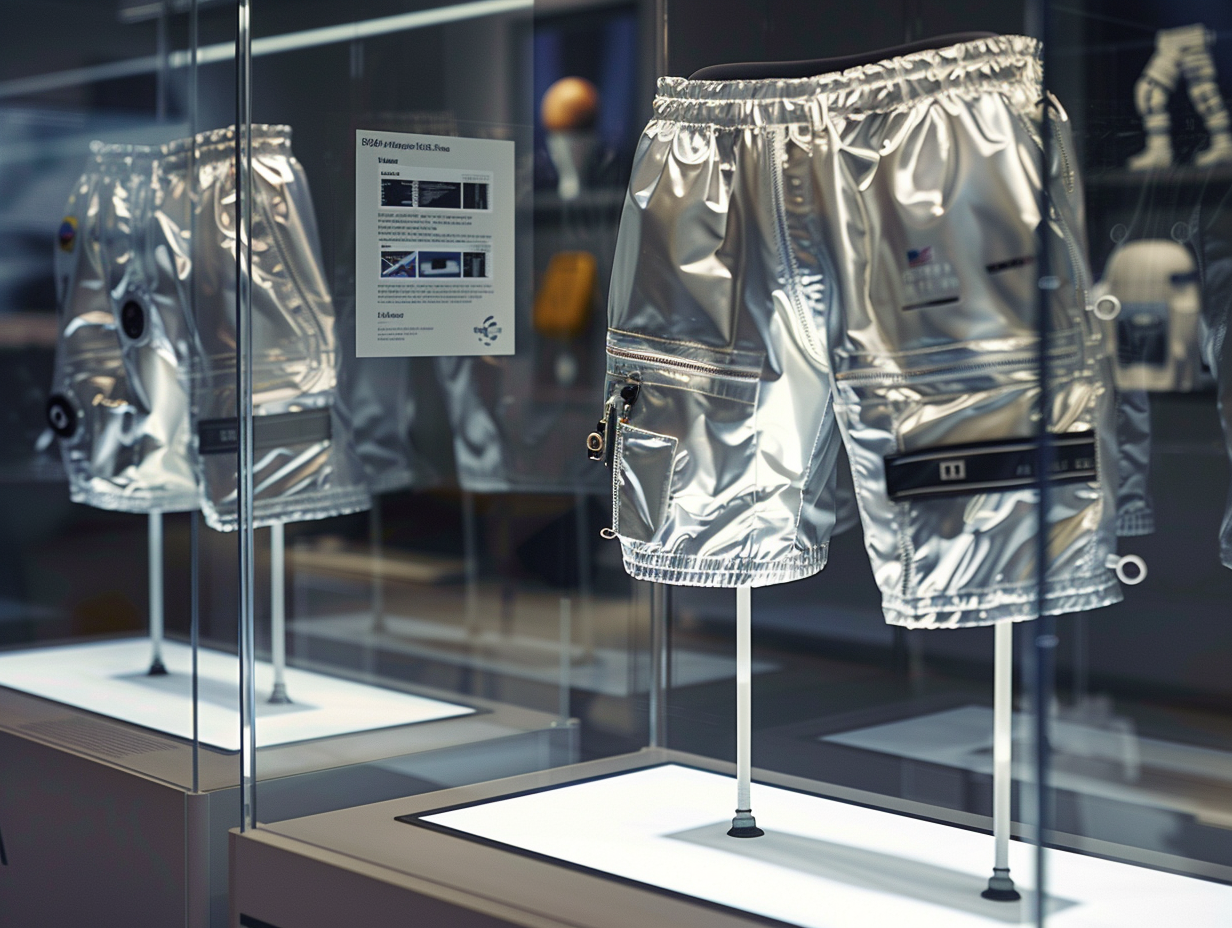 Two pairs of metallic silver cargo shorts with zippered pockets on slim display stands inside a brightly lit glass case (IPM-0203)
