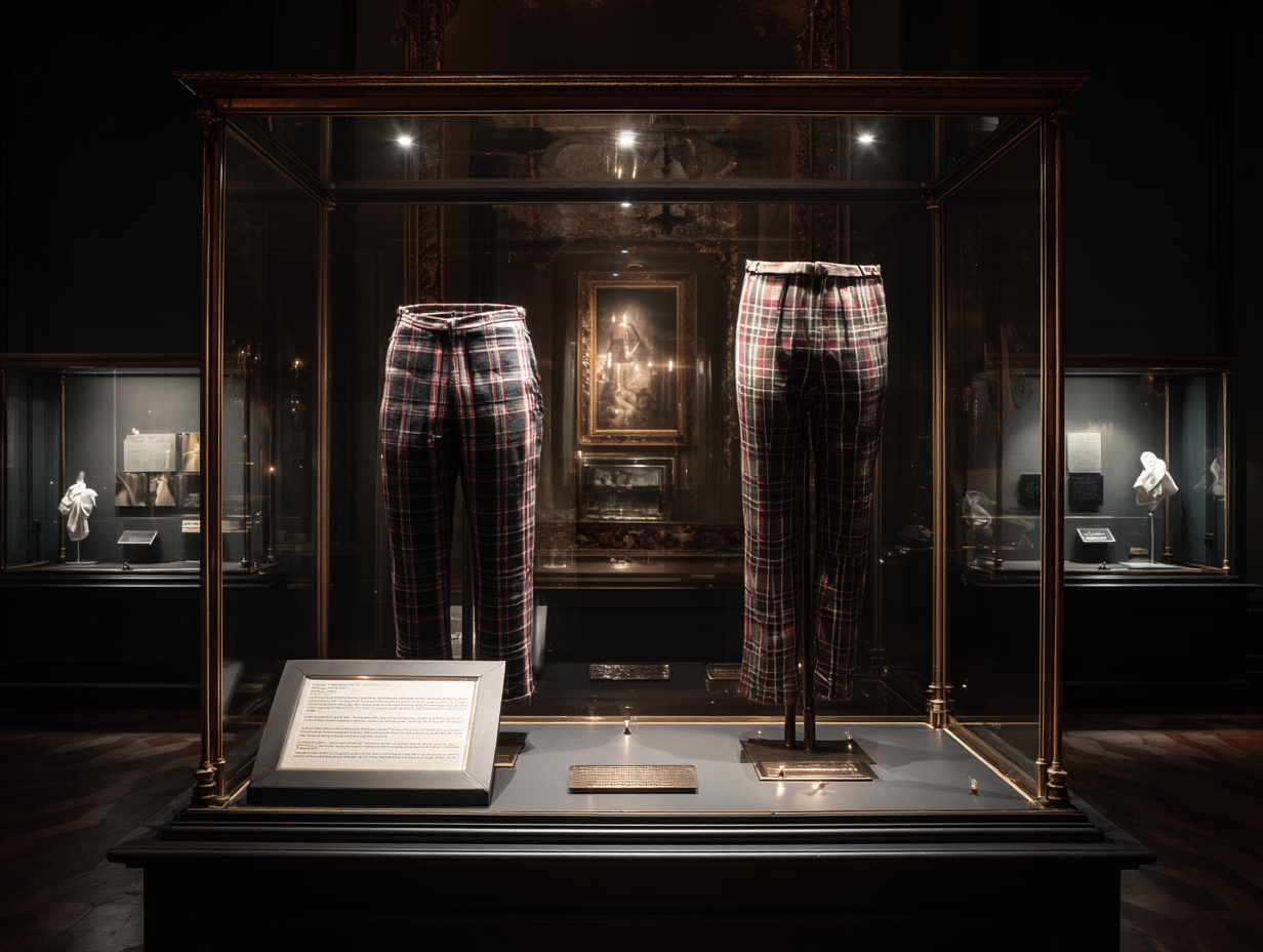 Plaid trousers displayed in a brass-framed glass case under dramatic museum lighting (IPM-0047)