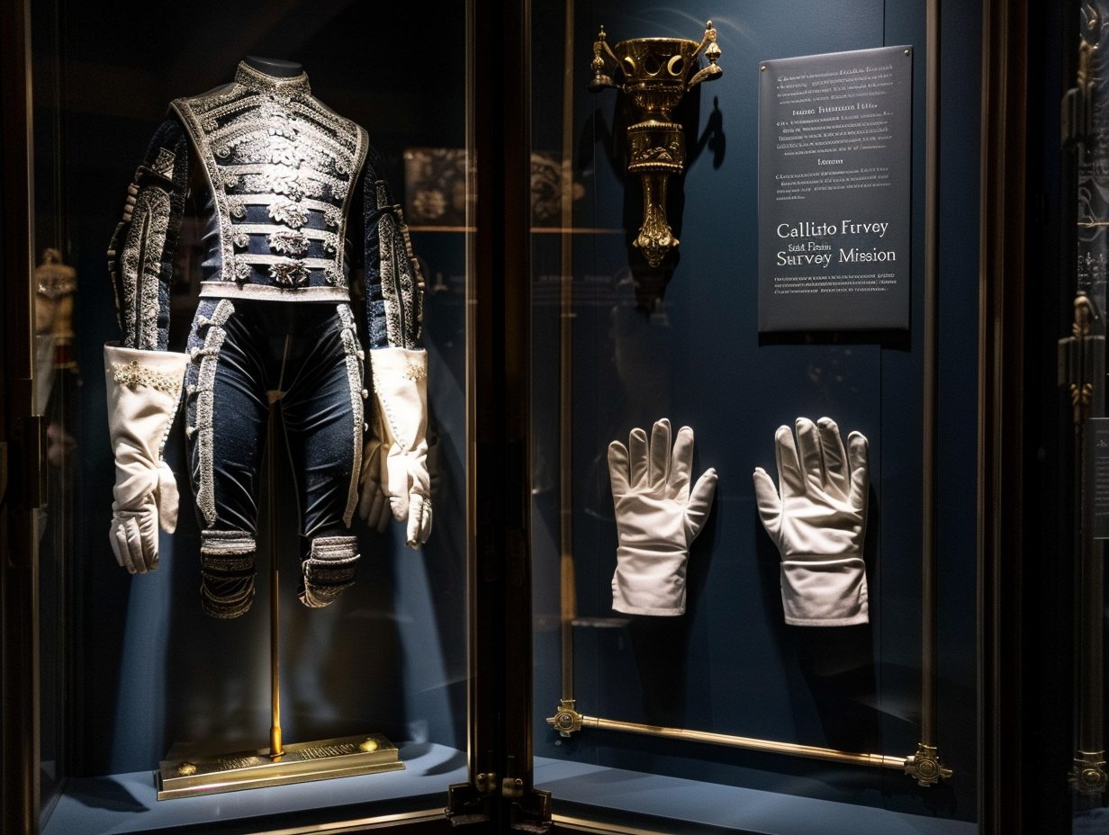 Military-style dress uniform with silver braiding and white gloves displayed in a glass case (IPM-0047)