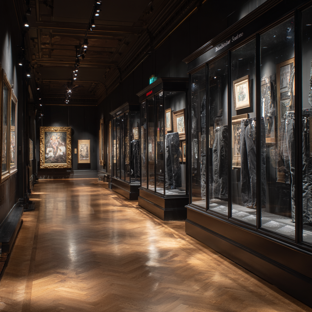 Dimly lit museum gallery corridor with polished wooden floors, glass display cases, and warm overhead spotlights