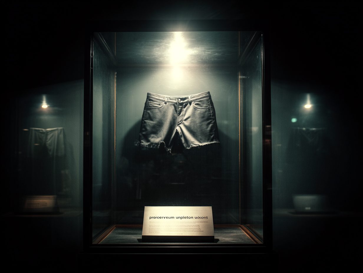 Dark worn denim shorts suspended under a single overhead light inside a glass vitrine (IPM-0001)