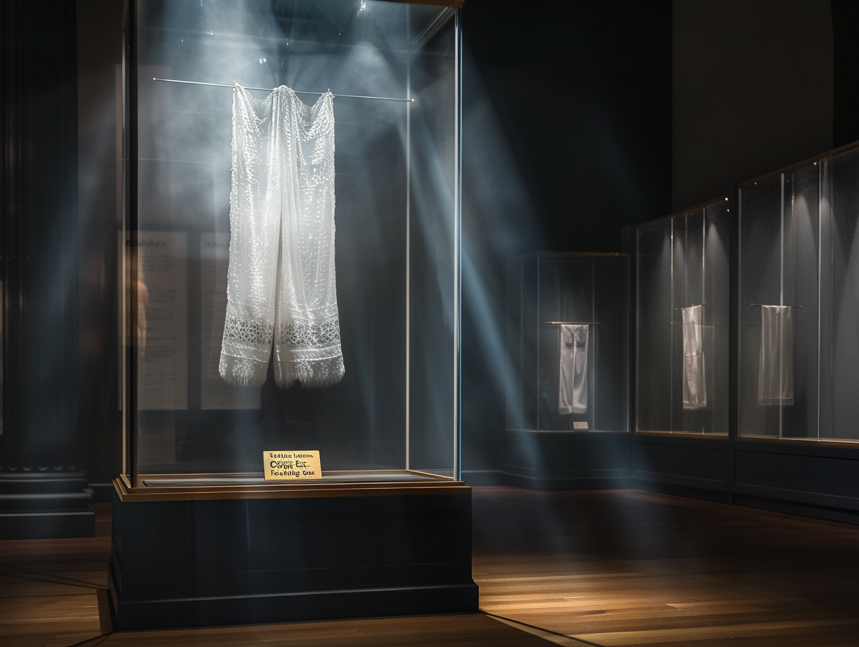 Translucent white lace trousers hanging in a tall glass case with atmospheric haze in a darkened gallery (IPM-0001)