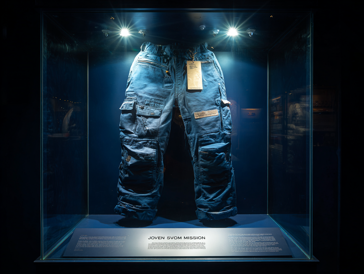 Weathered blue cargo trousers with multiple pockets displayed in a glass case under spotlights (IPM-0112)