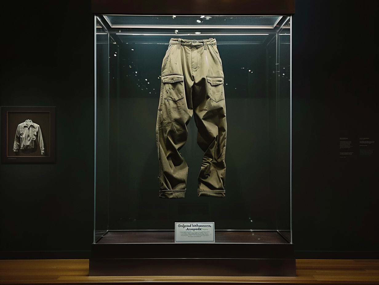 Faded olive-green cargo trousers suspended in a glass display case against a dark background (IPM-0112)